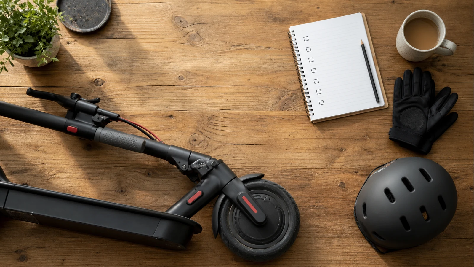 Adult electric scooter and blank buying checklist notebook on a wooden table