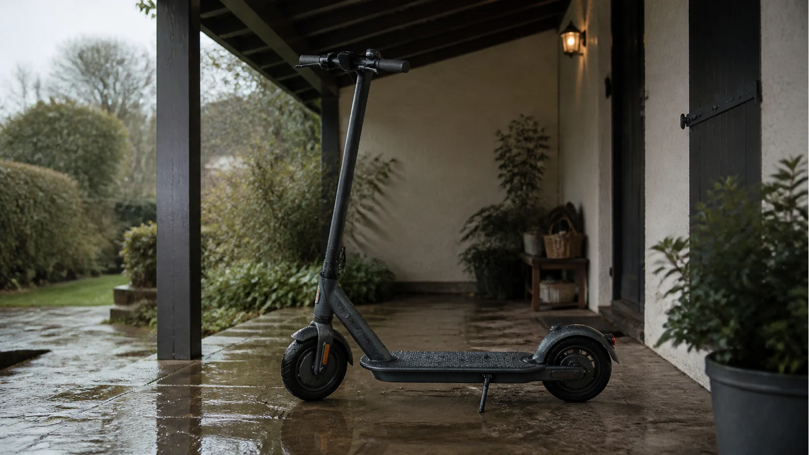 Adult electric scooter drying under a porch after light UK rain
