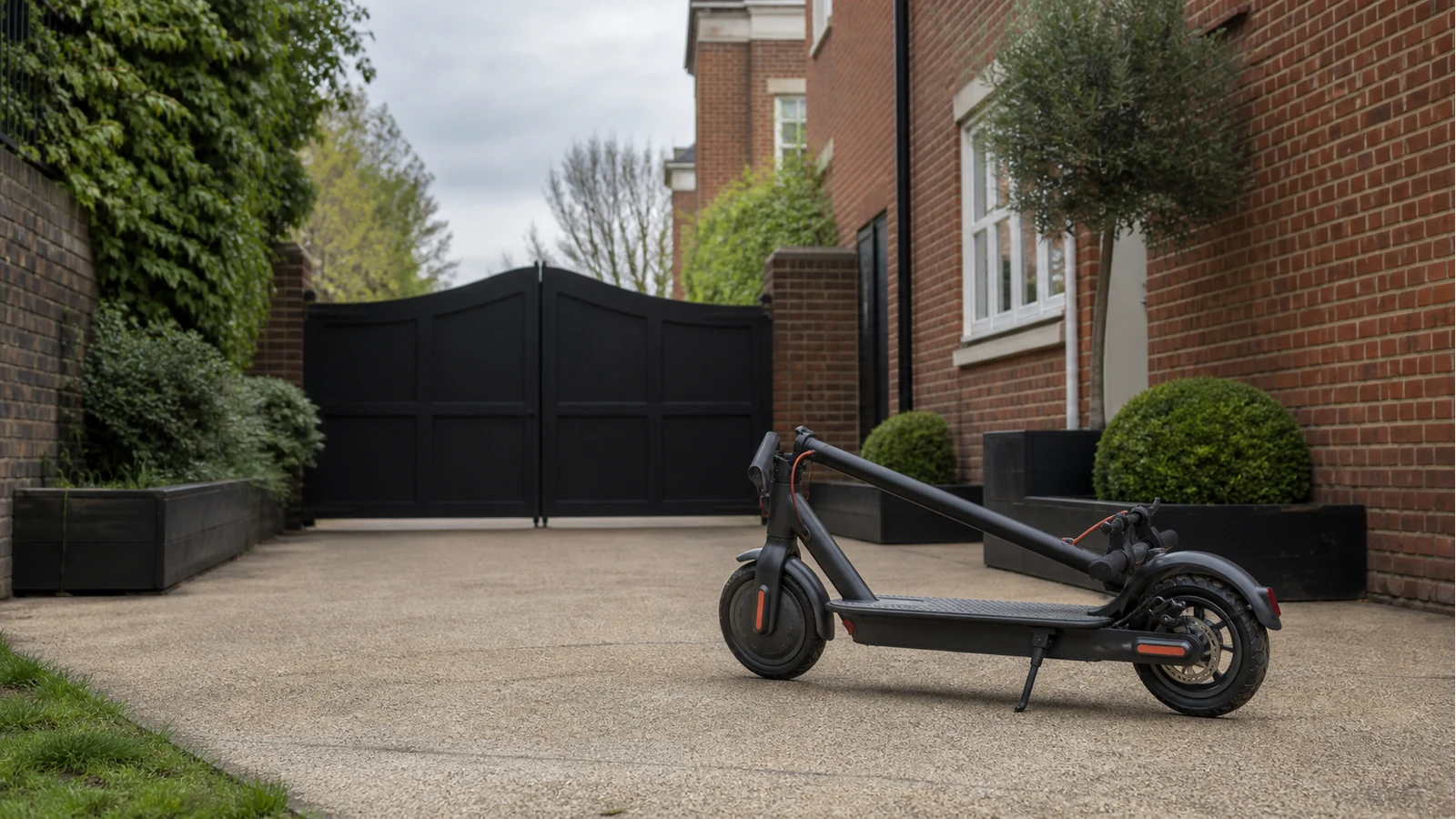 Folded adult electric scooter standing on a private UK driveway under overcast daylight