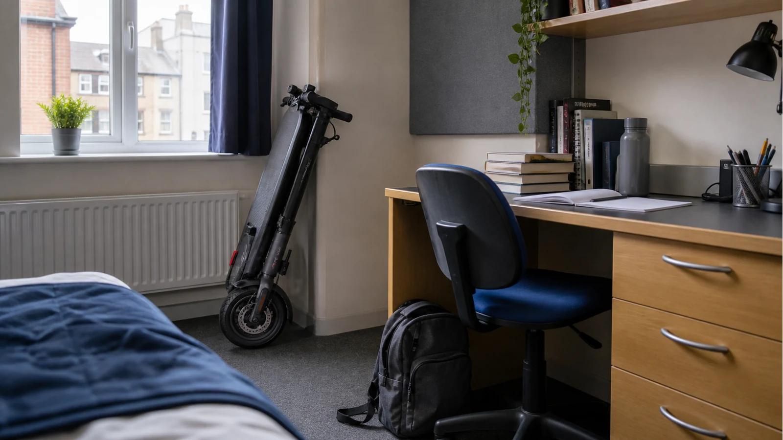 Folded electric scooter stored beside a student desk in a small UK room