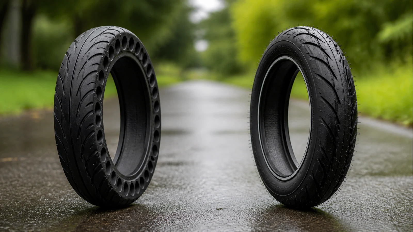 Solid honeycomb and pneumatic electric scooter tyres compared on a damp private path